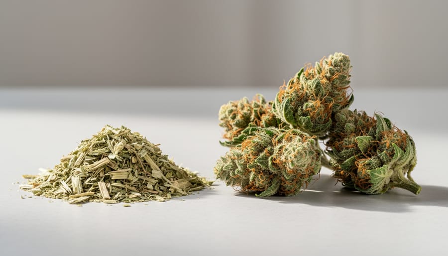 Close-up of hemp plant tops and dried cannabis buds on a wooden surface