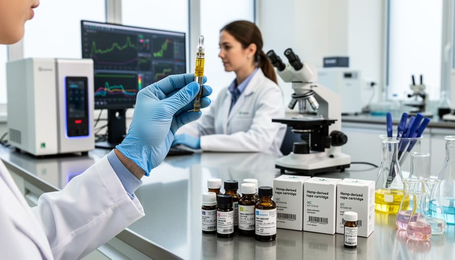 Gloved lab technician holding a vial of amber liquid in a laboratory