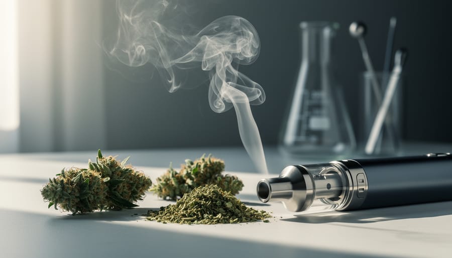 Close-up of a vape device releasing faint vapor next to dried hemp buds and hemp plant material on a neutral background.
