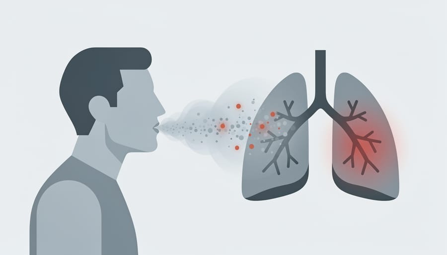 Person exhaling vapor near a window with indoor plants softly blurred in the background