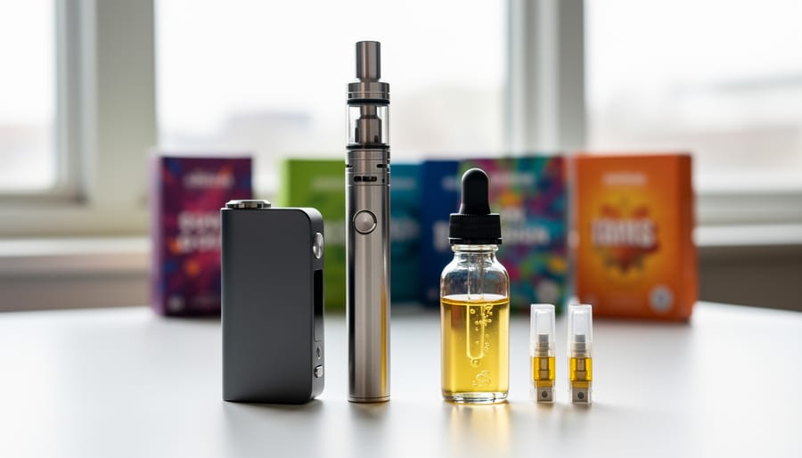 Vape device and amber glass bottle of vape oil on a countertop
